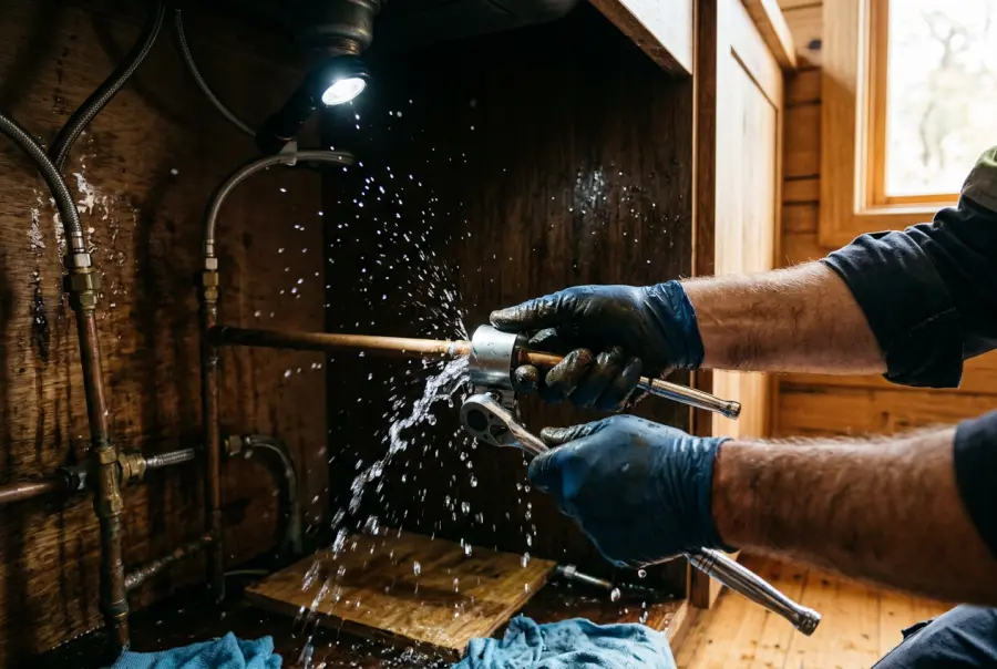 Plumber attending an emergency pipe repair at a Blue Mountains home