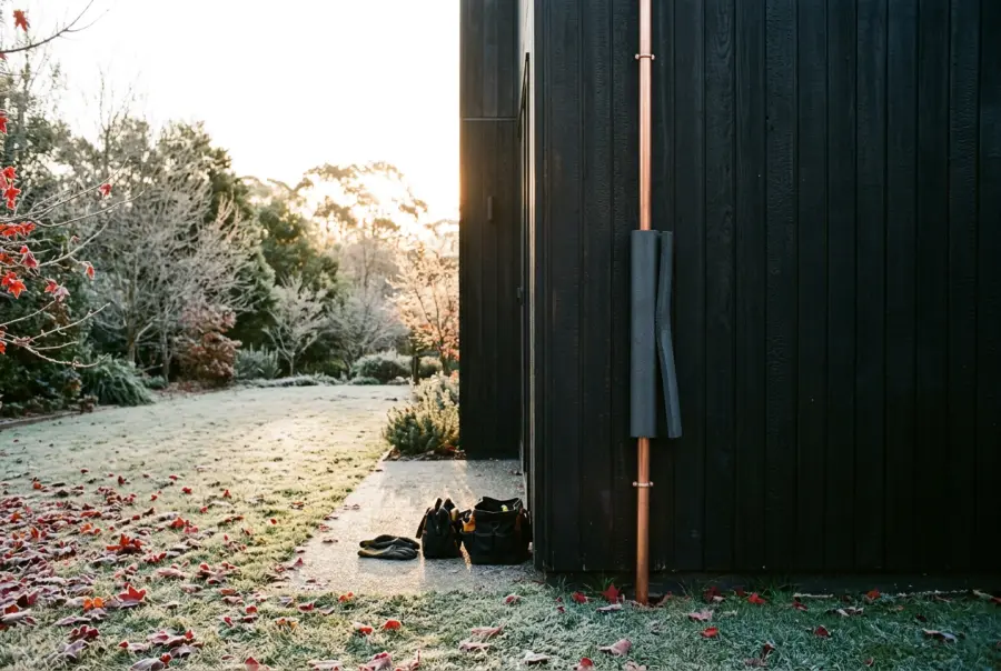 Frost-covered pipes on the outside wall of a Blue Mountains weatherboard house