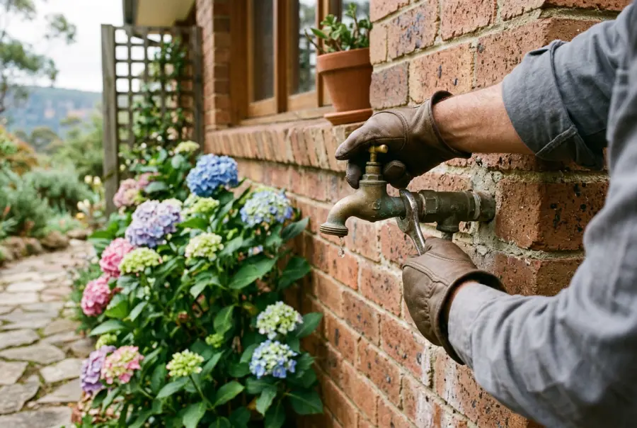 Plumber fixing a leaking tap in an older Blue Mountains cottage kitchen